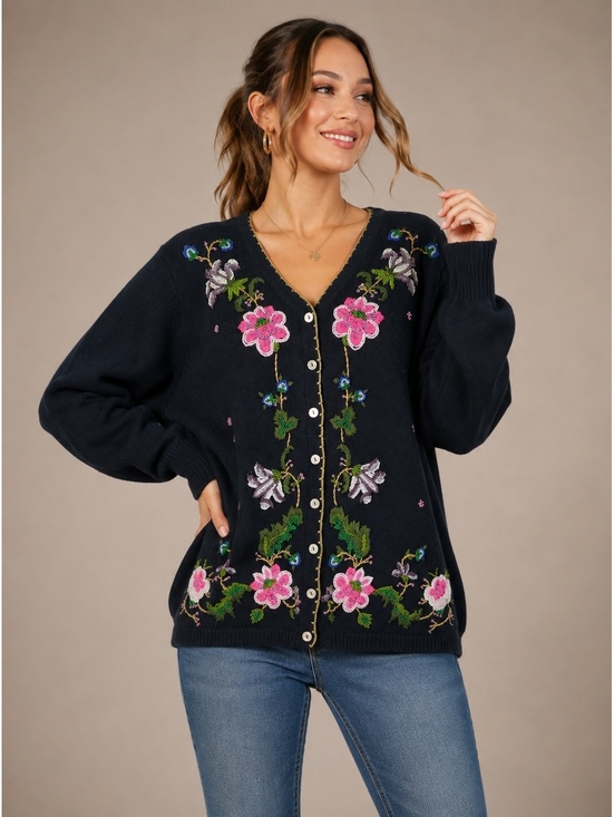Arriviste Sweaters - VTG Women’s Sz XL Arriviste Black Beaded Floral Cardigan Sweater Cottagecore